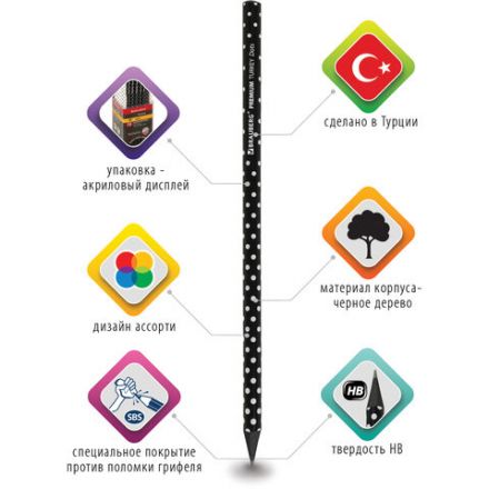 Карандаш чернографитный BRAUBERG "PREMIUM TURKEY", 1 шт., "Dots", НВ, ассорти, дисплей, 181563 Карандаш чернографитный BRAUBERG "PREMIUM TURKEY", 1 шт., "Dots", НВ, ассорти, дисплей, 181563