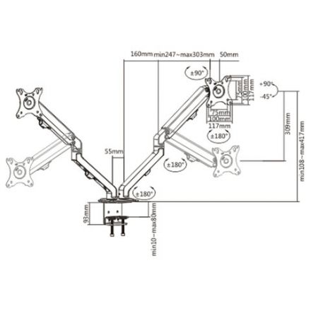 Кронштейн для двух мониторов настольный VESA 75х75, 100х100, 17"-27", до 14 кг, SONNEN MOTION, 455945