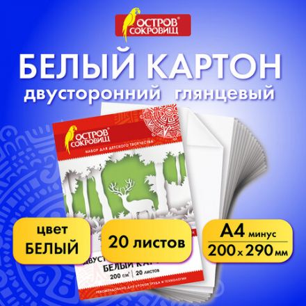 Картон белый А4 МЕЛОВАННЫЙ (белый оборот), 20 листов, в папке, ОСТРОВ СОКРОВИЩ, 200х290 мм, 111313