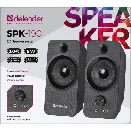 Акустическая система 2.0 Defender SPK-190 черный, 8 Вт, питание от USB