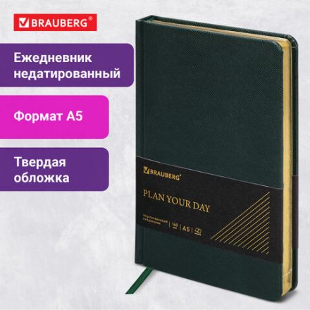 Ежедневник недатированный А5, 138х213 мм, BRAUBERG "Iguana", под кожу, 160 л., тёмно-зеленый, 114457