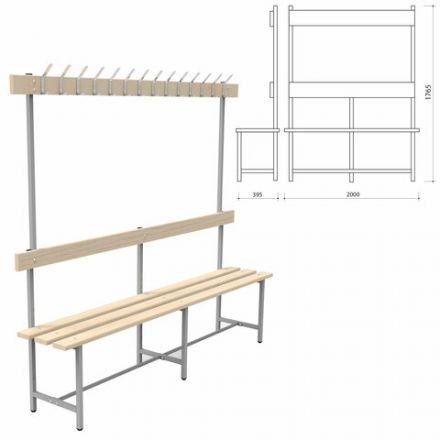 Скамья с вешалкой, спинкой "СВТ 6", 1765х2000х395 мм, 14 крючков, регулируемые опоры, каркас металлический серый, сиденье дерево Скамья с вешалкой, спинкой "СВТ 6", 1765х2000х395 мм, 14 крючков, регулируемые опоры, каркас металлический серый, сиденье дерево