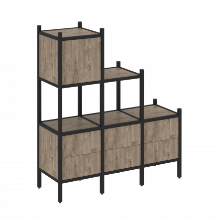 Loft Прямой стеллаж наборный VR.L-12 Тиквуд тёмный/Чёрный металл 1278*446*1458