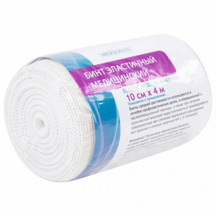 Бинт медицинский эластичный 4 м х 10 см с 2 застежками MERIDIAN Бинт медицинский эластичный 4 м х 10 см с 2 застежками MERIDIAN