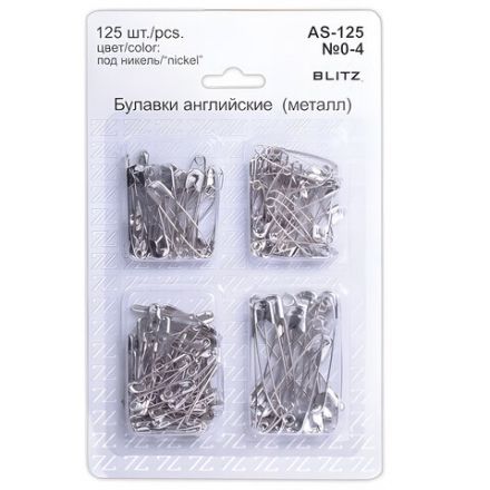 Булавки английские BLITZ, набор 125 шт., размер 0-4, никелированные, блистер, AS-125 Булавки английские BLITZ, набор 125 шт., размер 0-4, никелированные, блистер, AS-125
