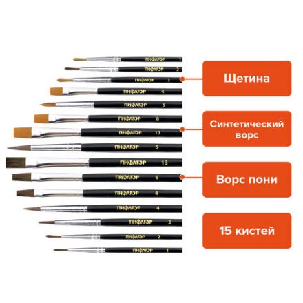 Кисти ПИФАГОР, набор 15 шт. (ПОНИ - 9 шт., СИНТЕТИКА - 4 шт., ЩЕТИНА - 2 шт., круглые, плоские), блистер, 200504 Кисти ПИФАГОР, набор 15 шт. (ПОНИ - 9 шт., СИНТЕТИКА - 4 шт., ЩЕТИНА - 2 шт., круглые, плоские), блистер, 200504
