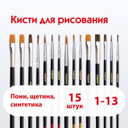 Кисти ПИФАГОР, набор 15 шт. (ПОНИ - 9 шт., СИНТЕТИКА - 4 шт., ЩЕТИНА - 2 шт., круглые, плоские), блистер, 200504 Кисти ПИФАГОР, набор 15 шт. (ПОНИ - 9 шт., СИНТЕТИКА - 4 шт., ЩЕТИНА - 2 шт., круглые, плоские), блистер, 200504