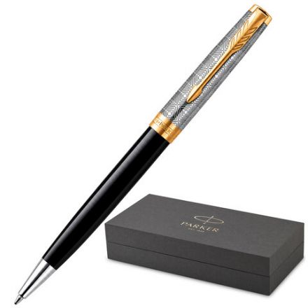 Ручка шариковая PARKER "Sonnet Premium Metal Black GT", корпус серебристый, детали золото, черная, 2119787