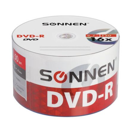 Диск DVD-R SONNEN 4,7 Gb 16x Bulk (термоусадка без шпиля), КОМПЛЕКТ 50 шт., 512574 Диск DVD-R SONNEN 4,7 Gb 16x Bulk (термоусадка без шпиля), КОМПЛЕКТ 50 шт., 512574