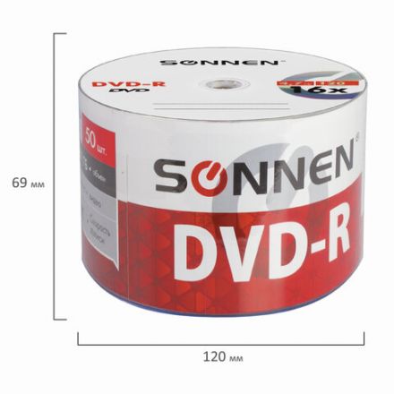 Диск DVD-R SONNEN 4,7 Gb 16x Bulk (термоусадка без шпиля), КОМПЛЕКТ 50 шт., 512574