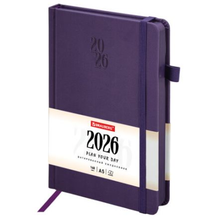 Ежедневник датированный 2026, А5, 138х213 мм, BRAUBERG "Plain", под кожу, резинка, держатель для ручки, фиолетовый, 117509 Ежедневник датированный 2026, А5, 138х213 мм, BRAUBERG "Plain", под кожу, резинка, держатель для ручки, фиолетовый, 117509