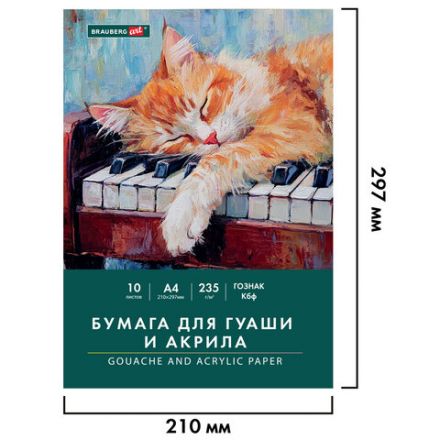 Бумага для гуаши и акрила А4 10 л., 235 г/м2, 210х297 мм, в папке, BRAUBERG ART CLASSIC, "Кот-музыкант", 117731