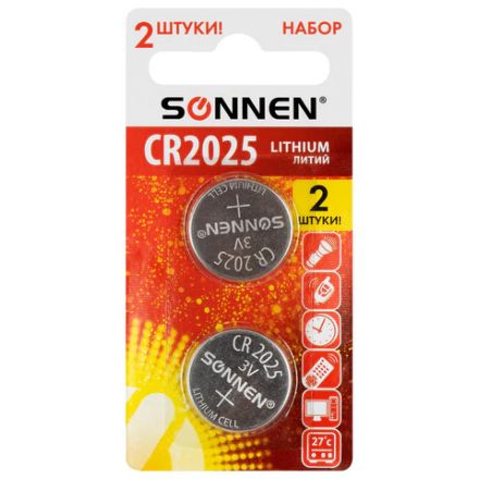 Батарейки литиевые SONNEN Lithium CR2025, "таблетки, дисковые, кнопочные", КОМПЛЕКТ 2 шт., блистер, 457139 Батарейки литиевые SONNEN Lithium CR2025, "таблетки, дисковые, кнопочные", КОМПЛЕКТ 2 шт., блистер, 457139