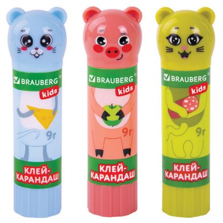 Клей-карандаш "Зверята: кошка, мышка, хрюшка", 9 г, фигурный колпачок, BRAUBERG KIDS, 271138 Клей-карандаш "Зверята: кошка, мышка, хрюшка", 9 г, фигурный колпачок, BRAUBERG KIDS, 271138
