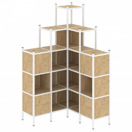 Loft Угловой внутренний стеллаж наборный VR.L-45 Тиквуд светлый/Белый металл 1278*1278*2280 Loft Угловой внутренний стеллаж наборный VR.L-45 Тиквуд светлый/Белый металл 1278*1278*2280