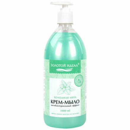 Мыло-крем жидкое с АНТИБАКТЕРИАЛЬНЫМ ЭФФЕКТОМ 1 л ЗОЛОТОЙ ИДЕАЛ "Холодная мята", дозатор, 608285 Мыло-крем жидкое с АНТИБАКТЕРИАЛЬНЫМ ЭФФЕКТОМ 1 л ЗОЛОТОЙ ИДЕАЛ "Холодная мята", дозатор, 608285