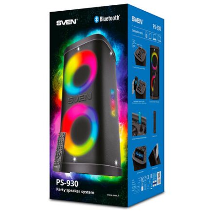 Колонка портативная SVEN PS-930, 150 Вт, TWS, Bluetooth, FM, USB, microSD, LED-дисплей, черный, SV-022402 Колонка портативная SVEN PS-930, 150 Вт, TWS, Bluetooth, FM, USB, microSD, LED-дисплей, черный, SV-022402