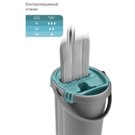 Швабра с отжимом и ведром 8л/7л двухкамерное, насадка из микрофибры карманы с 2-х сторон, серый, Light Mop, MILEY, 901-618 Швабра с отжимом и ведром 8л/7л двухкамерное, насадка из микрофибры карманы с 2-х сторон, серый, Light Mop, MILEY, 901-618