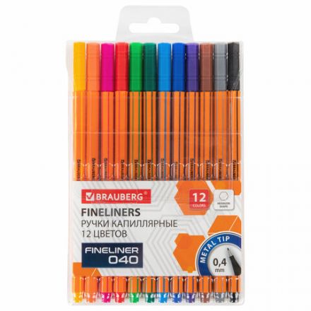 Ручки капиллярные (линеры) 12 ЦВЕТОВ, BRAUBERG "FINE 040", шестигранные, линия 0,4 мм, 144143 Ручки капиллярные (линеры) 12 ЦВЕТОВ, BRAUBERG "FINE 040", шестигранные, линия 0,4 мм, 144143