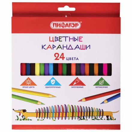 Карандаши цветные ПИФАГОР "Веселая такса", 24 цвета, шестигранные, натуральное дерево, 181808 Карандаши цветные ПИФАГОР "Веселая такса", 24 цвета, шестигранные, натуральное дерево, 181808