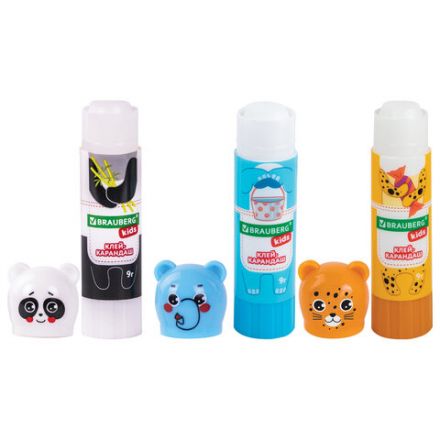 Клей-карандаш "Зверята: панда, слон, леопард", 9 г, фигурный колпачок, BRAUBERG KIDS, 271139 Клей-карандаш "Зверята: панда, слон, леопард", 9 г, фигурный колпачок, BRAUBERG KIDS, 271139