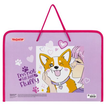 Папка для труда на молнии с ручками ПИФАГОР А4, 1 отделение, пластик, органайзер, "Fluffy akita", 272227