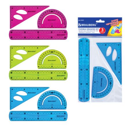 Набор чертежный средний гибкий BRAUBERG "FLEX" (линейка 20 см, треугольник, транспортир), ассорти, 210679 Набор чертежный средний гибкий BRAUBERG "FLEX" (линейка 20 см, треугольник, транспортир), ассорти, 210679