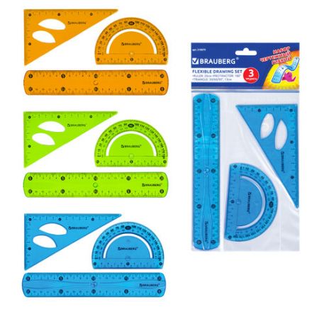 Набор чертежный средний гибкий BRAUBERG "FLEX" (линейка 20 см, треугольник, транспортир), ассорти, 210679 Набор чертежный средний гибкий BRAUBERG "FLEX" (линейка 20 см, треугольник, транспортир), ассорти, 210679