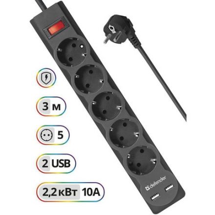 Сетевой фильтр DEFENDER DFS 753, 5 розеток, 2 разъема USB, 3 м, черный, 99753