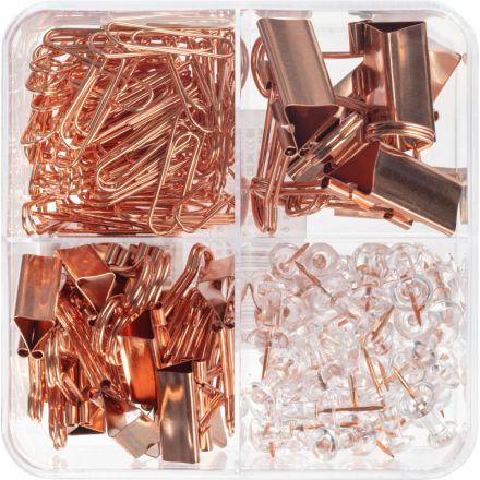 Набор канцелярский Deli 78551,4отд.(кнопки,скрепки,зажимы),роз.зол