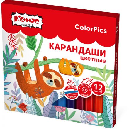 Карандаши цветные 12 цв/наб 6-гран №1School ColorPics короткие, 88 мм