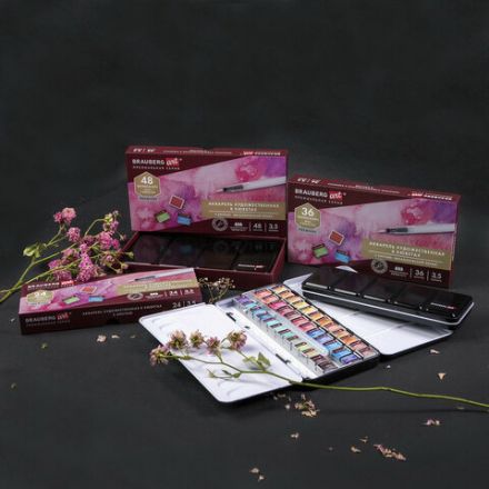 Акварель художественная кюветы НАБОР 24 цвета по 3,5 г, металлический кейс, BRAUBERG ART PREMIERE, 191773