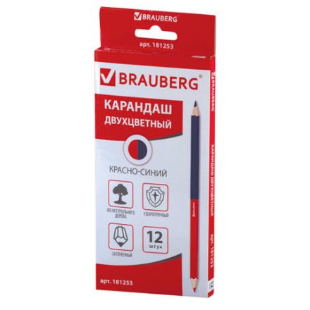 Карандаш двухцветный КРАСНО-СИНИЙ, BRAUBERG, 1 шт., шестигранный, грифель 2,9 мм, натуральное дерево, 181253