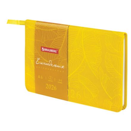 Еженедельник датированный 2026 МАЛЫЙ ФОРМАТ 95х155 мм, А6, BRAUBERG "Foliage", под кожу, желтый, 117200 Еженедельник датированный 2026 МАЛЫЙ ФОРМАТ 95х155 мм, А6, BRAUBERG "Foliage", под кожу, желтый, 117200