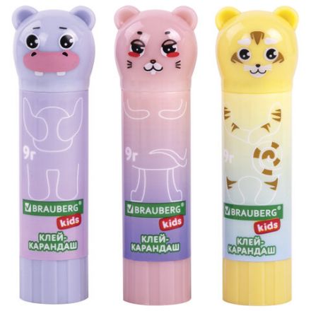 Клей-карандаш "Пастельные зверята: мышка, тигр, бегемот", 9 г, фигурный колпачок, BRAUBERG KIDS, 271140 Клей-карандаш "Пастельные зверята: мышка, тигр, бегемот", 9 г, фигурный колпачок, BRAUBERG KIDS, 271140