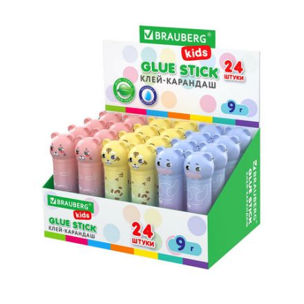 Клей-карандаш "Пастельные зверята: мышка, тигр, бегемот", 9 г, фигурный колпачок, BRAUBERG KIDS, 271140 Клей-карандаш "Пастельные зверята: мышка, тигр, бегемот", 9 г, фигурный колпачок, BRAUBERG KIDS, 271140