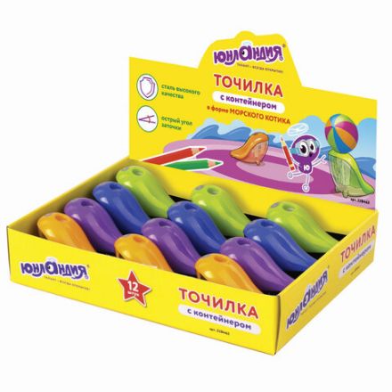Точилка ЮНЛАНДИЯ "Морской котик", с контейнером, пластиковая, корпус ассорти, 228463 Точилка ЮНЛАНДИЯ "Морской котик", с контейнером, пластиковая, корпус ассорти, 228463