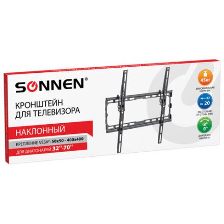 Кронштейн-крепление для ТВ настенный, до 45 кг, VESA 50х50-400х400, 32"-70", черный, SONNEN, 455949