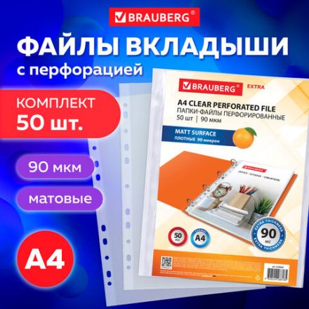 Папки-файлы перфорированные А4 BRAUBERG "EXTRA 900", КОМПЛЕКТ 50 шт., матовые, ПЛОТНЫЕ, 90 мкм, 229669 Папки-файлы перфорированные А4 BRAUBERG "EXTRA 900", КОМПЛЕКТ 50 шт., матовые, ПЛОТНЫЕ, 90 мкм, 229669