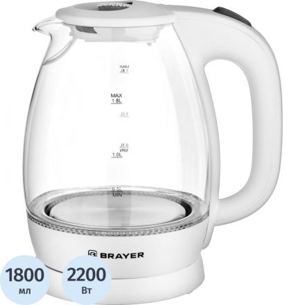Чайник электрический BRAYER BR1013WH, 2200 Вт, 1,8 л, высокопроч.стекл Чайник электрический BRAYER BR1013WH, 2200 Вт, 1,8 л, высокопроч.стекл
