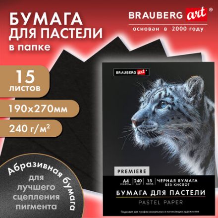 Бумага для пастели АБРАЗИВНАЯ А4 в папке, 15 листов, ЧЕРНАЯ, 240 г/м2, BRAUBERG ART, 117765