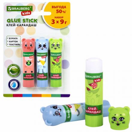 Клей-карандаш "Зверята: кошка, мышка, хрюшка", 9 г, фигурный колпачок, 3 шт./блистер, BRAUBERG KIDS, 271141 Клей-карандаш "Зверята: кошка, мышка, хрюшка", 9 г, фигурный колпачок, 3 шт./блистер, BRAUBERG KIDS, 271141