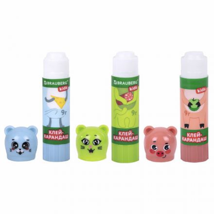 Клей-карандаш "Зверята: кошка, мышка, хрюшка", 9 г, фигурный колпачок, 3 шт./блистер, BRAUBERG KIDS, 271141 Клей-карандаш "Зверята: кошка, мышка, хрюшка", 9 г, фигурный колпачок, 3 шт./блистер, BRAUBERG KIDS, 271141