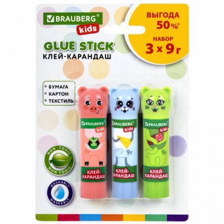 Клей-карандаш "Зверята: кошка, мышка, хрюшка", 9 г, фигурный колпачок, 3 шт./блистер, BRAUBERG KIDS, 271141 Клей-карандаш "Зверята: кошка, мышка, хрюшка", 9 г, фигурный колпачок, 3 шт./блистер, BRAUBERG KIDS, 271141