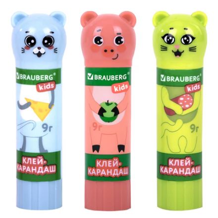 Клей-карандаш "Зверята: кошка, мышка, хрюшка", 9 г, фигурный колпачок, 3 шт./блистер, BRAUBERG KIDS, 271141 Клей-карандаш "Зверята: кошка, мышка, хрюшка", 9 г, фигурный колпачок, 3 шт./блистер, BRAUBERG KIDS, 271141
