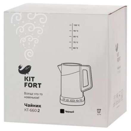 Чайник KITFORT КТ-660-2, 1,7 л, 2200 Вт, закрытый нагревательный элемент, ТЕРМОРЕГУЛЯТОР, двойные стенки, черный