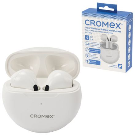 Наушники беспроводные TWS вкладыши с микрофоном CROMEX (КРОМЕКС) EP-T28W, Bluetooth 5.4, белые, 514121 Наушники беспроводные TWS вкладыши с микрофоном CROMEX (КРОМЕКС) EP-T28W, Bluetooth 5.4, белые, 514121