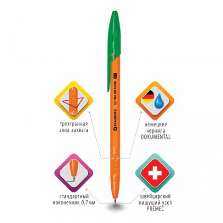 Ручка шариковая BRAUBERG "ULTRA ORANGE", ЗЕЛЕНАЯ, узел 0,7 мм, чернила ГЕРМАНИЯ, наконечник ШВЕЙЦАРИЯ, 143565 Ручка шариковая BRAUBERG "ULTRA ORANGE", ЗЕЛЕНАЯ, узел 0,7 мм, чернила ГЕРМАНИЯ, наконечник ШВЕЙЦАРИЯ, 143565