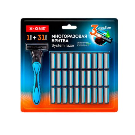 Бритвенный станок многоразовый мужской, 3 лезвия, 31 кассета, синий, X-ONE, 700024