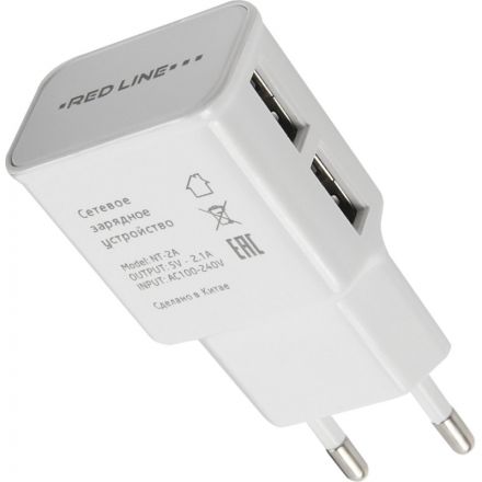 Зарядное устройство сетевое, 2 USB, 2.1А, Red Line NT-2A, бел, УТ000009405 Зарядное устройство сетевое, 2 USB, 2.1А, Red Line NT-2A, бел, УТ000009405